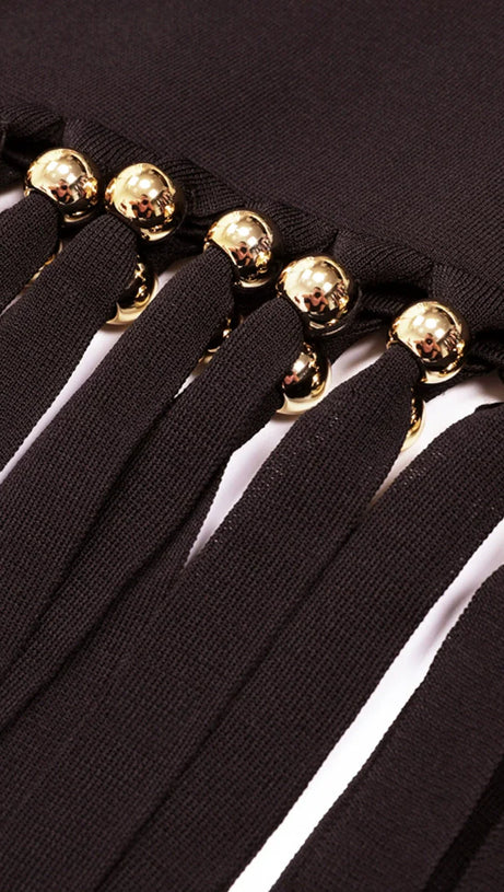 Chic Black Sleeveless Knit Midi Dress with Gilded Tassel Fringe