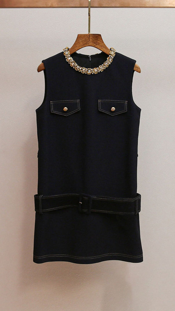 AIIZIE HATSU DARK BLUE EMBELLISHED MINI DRESS WITH DIAMANTE COLLAR & BELT - product image