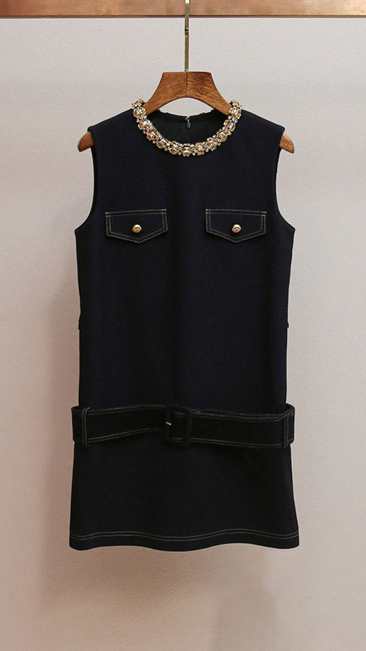 AIIZIE HATSU DARK BLUE EMBELLISHED MINI DRESS WITH DIAMANTE COLLAR & BELT - product image