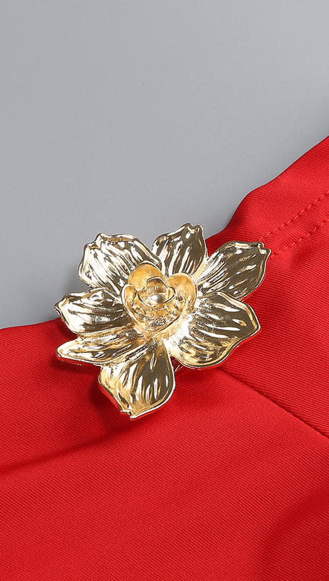 SLANT COLLAR HIGH WAIST SLIM LONG SKIRT RED SUIT