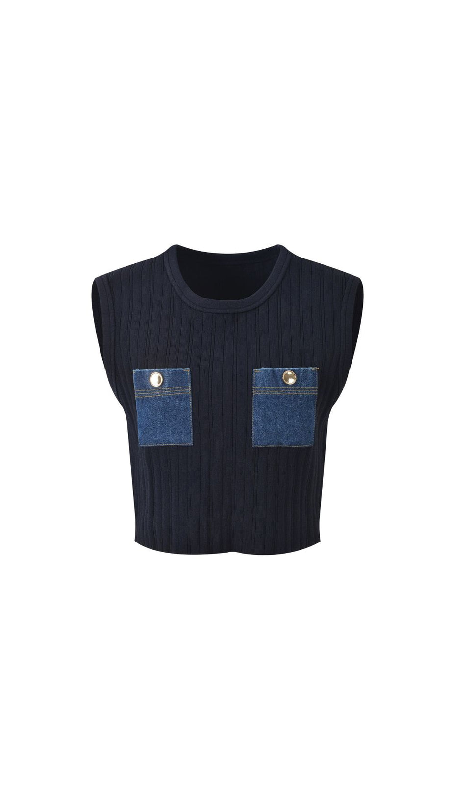 Chic Knit Ribbed Crop Top & Denim Pocket Mini Skirt Set