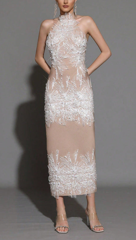 pandora Sleeveless Beaded Tassel Sequin Bandage maxi Dress - Khaki