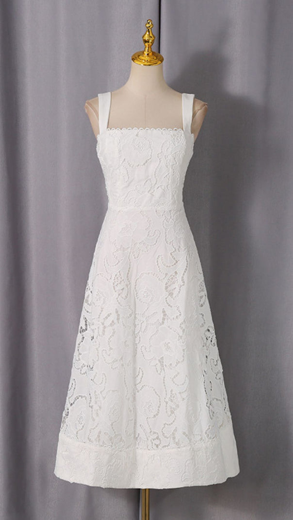 AIIZIE Jenelle Elegant White Floral Embroidered Midi Dress | Strappy Square Neck for Summer Events - product image