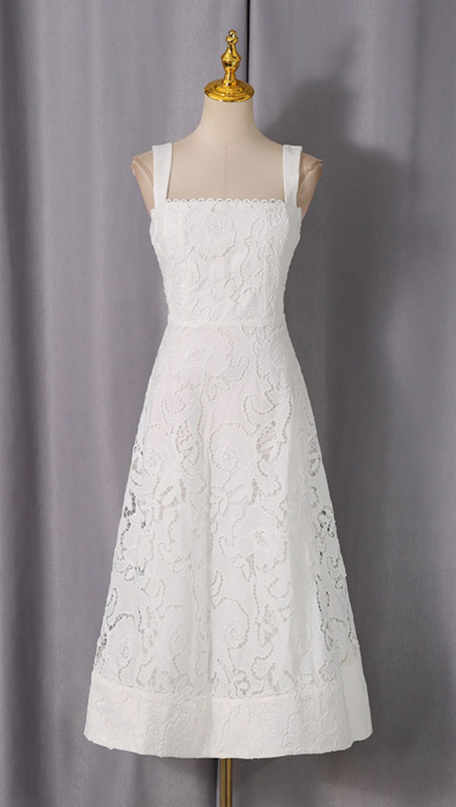 Jenelle Elegant White Floral Embroidered Midi Dress | Strappy Square Neck for Summer Events