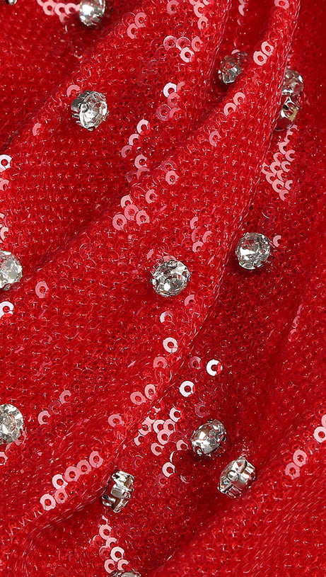 ELMA ONE-SHOULDER CRYSTAL DETAIL HIGH SLIT MAXI DRESS IN RED