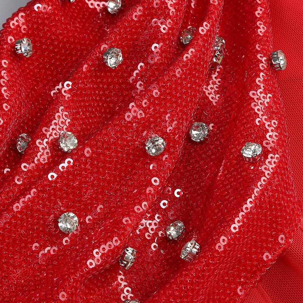 AIIZIE ELMA ONE-SHOULDER CRYSTAL DETAIL HIGH SLIT MAXI DRESS IN RED - product image