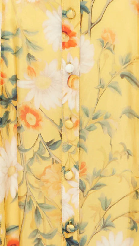 ABITO MIDI CON MANICHE A FARFALLA E STAMPA MARGHERITE IN GIALLO