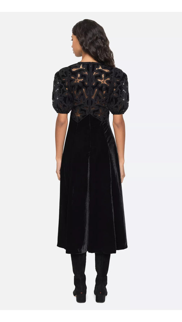 AIIZIE VELVET PUFF SLEEVE EMBROIDERED MIDI DRESS IN BLACK - product image