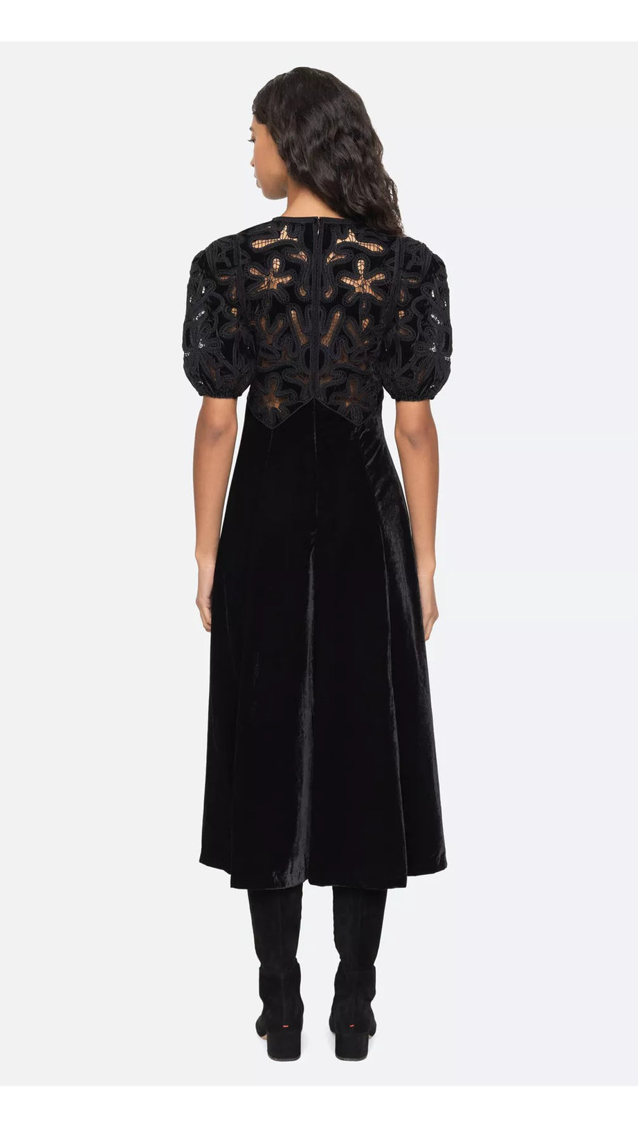 VELVET PUFF SLEEVE EMBROIDERED MIDI DRESS IN BLACK