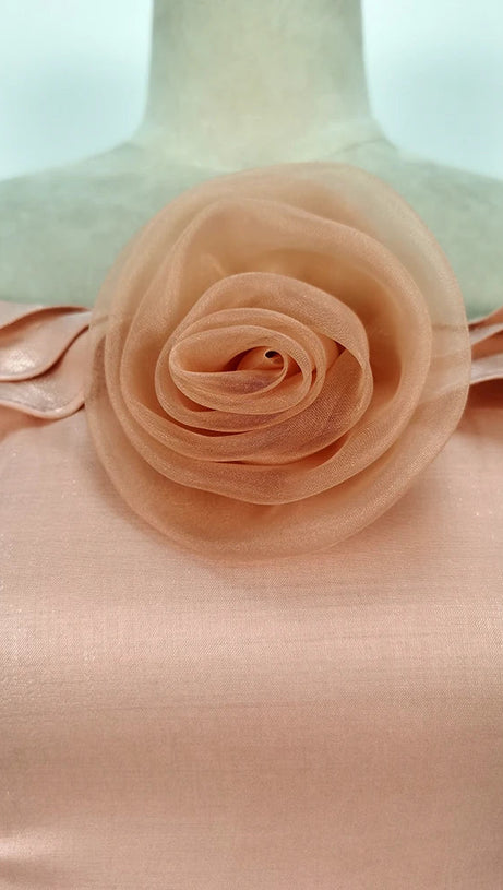 STACK RUFFLES TRIM 3D FLOWER MIDI DRESS IN PINK