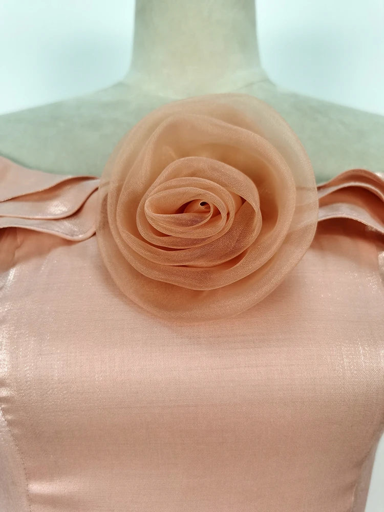 AIIZIE STACK RUFFLES TRIM 3D FLOWER MIDI DRESS IN PINK - product image