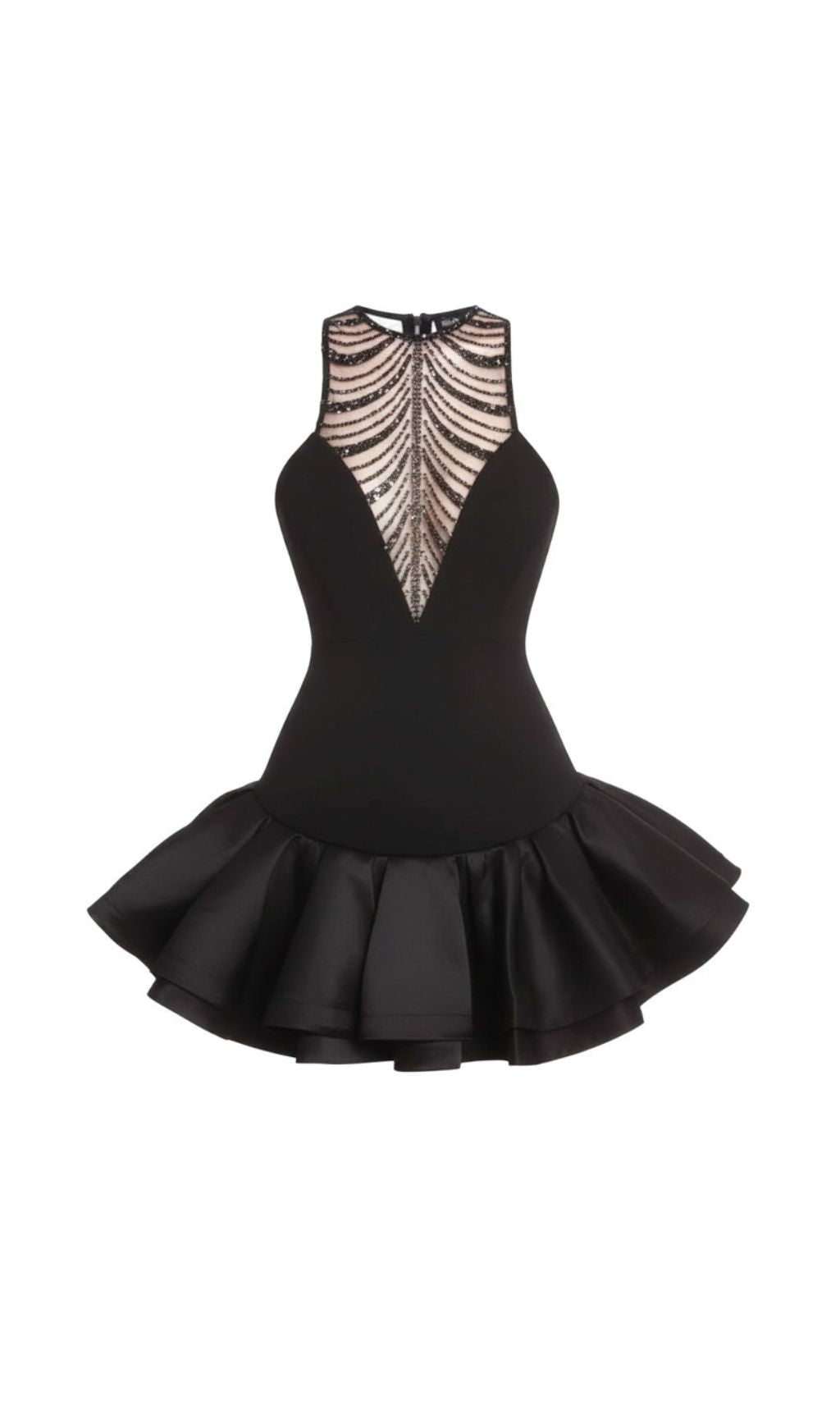 ISSA BLACK SPARKLE MESH HALTER MINI DRESS