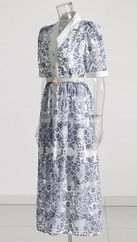 V NECK SPLICED BELTS EMBROIDERY MIDI DRESS IN BLUE