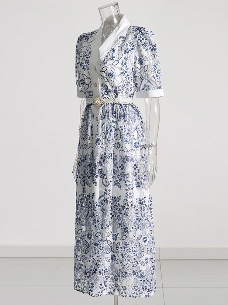 AIIZIE V NECK SPLICED BELTS EMBROIDERY MIDI DRESS IN BLUE - product image