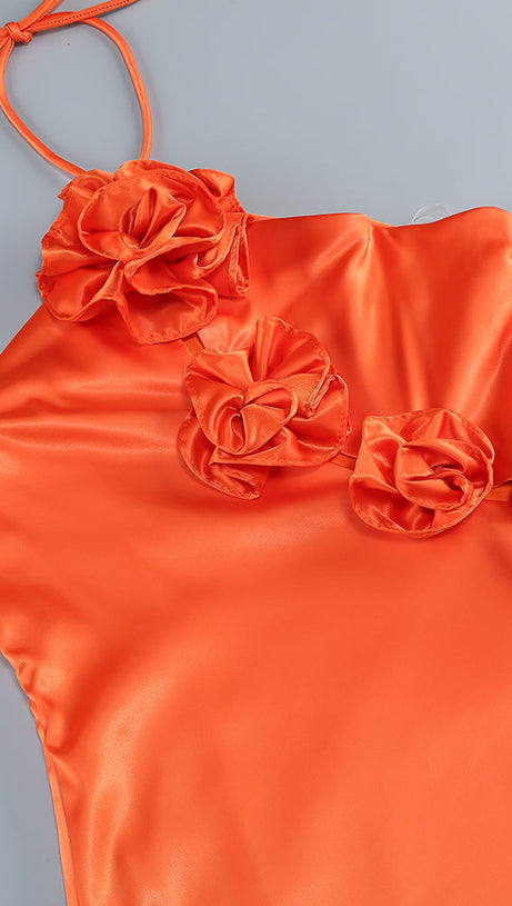 VERNA ORANGE 3D FLOWER DETAILED CUTOUT MAXI DRESS