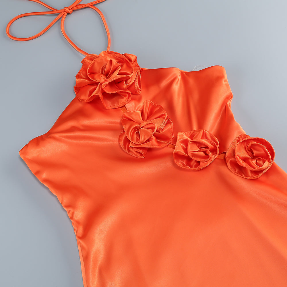 AIIZIE VERNA ORANGE 3D FLOWER DETAILED CUTOUT MAXI DRESS - product image
