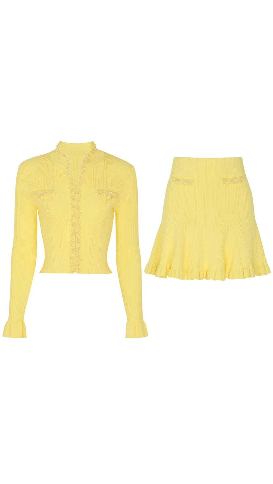 Buttery Yellow Ribbed Knit Cardigan & Mini Skirt Set - Chic 2-Piece Outfit