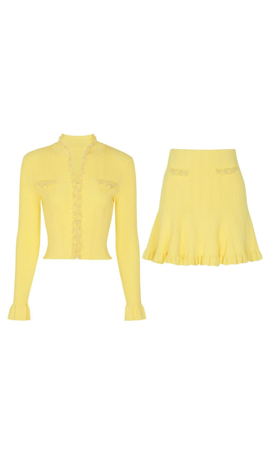 AIIZIE Buttery Yellow Ribbed Knit Cardigan & Mini Skirt Set - Chic 2-Piece Outfit - product image