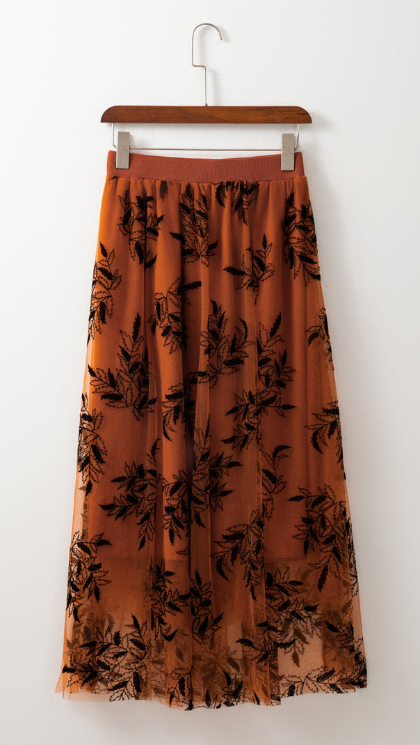 AIIZIE APRICOT FLORAL LEAVES EMBROIDERED HIGH WAIST MAXI SKIRT - product image