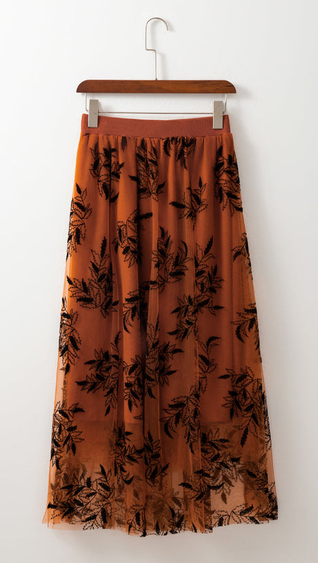 Aprikosenfarbener Maxirock mit Blumen- und Blattstickerei und hoher Taille