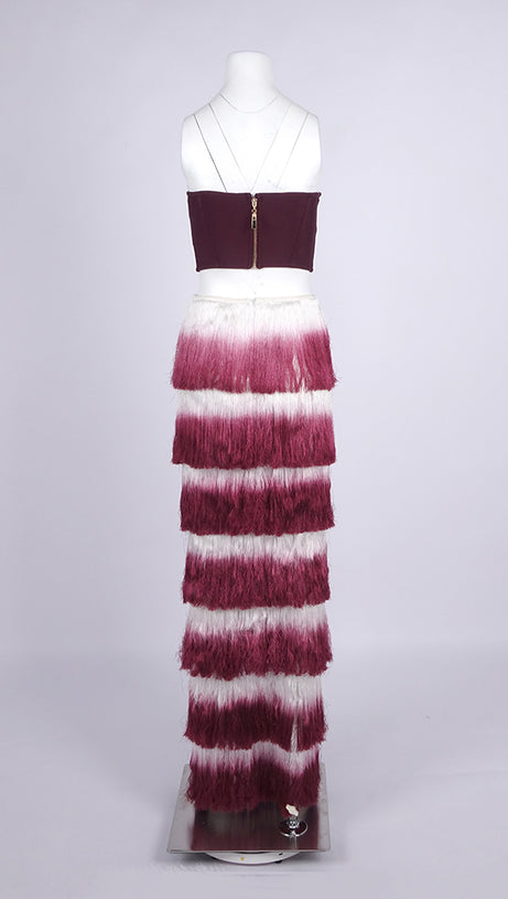 STRAPLESS TASSEL TWO PIECE MAXI DRESS BURGUNDY