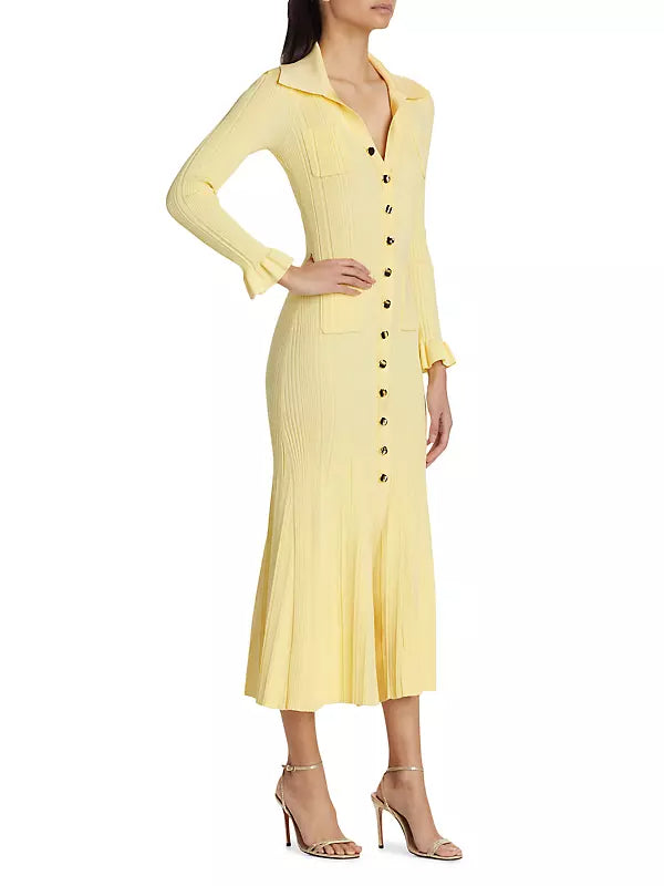 RIB-KNIT FLUTED MIDI SHIRT DRESS IN YELLOW