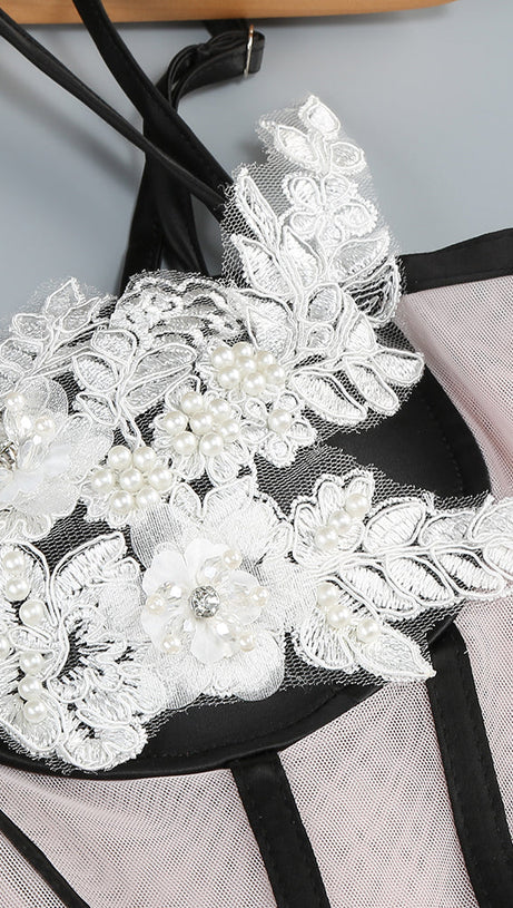 BEULAH BLACK SATIN CORSET SEQUIN WING CUP DRESS