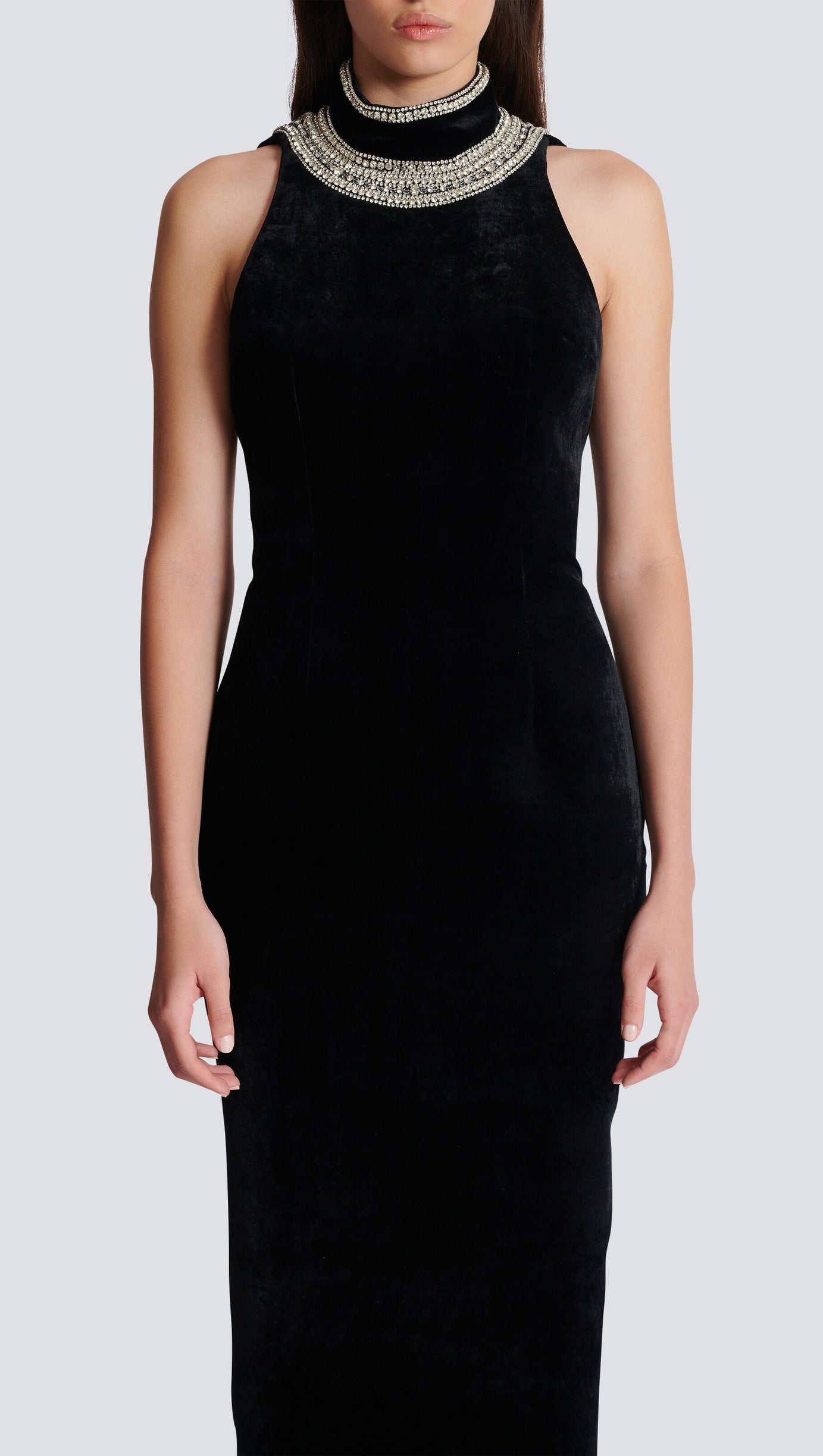 EMBROIDERED VELVET HALTERNECK MAXI DRESS IN BLACK