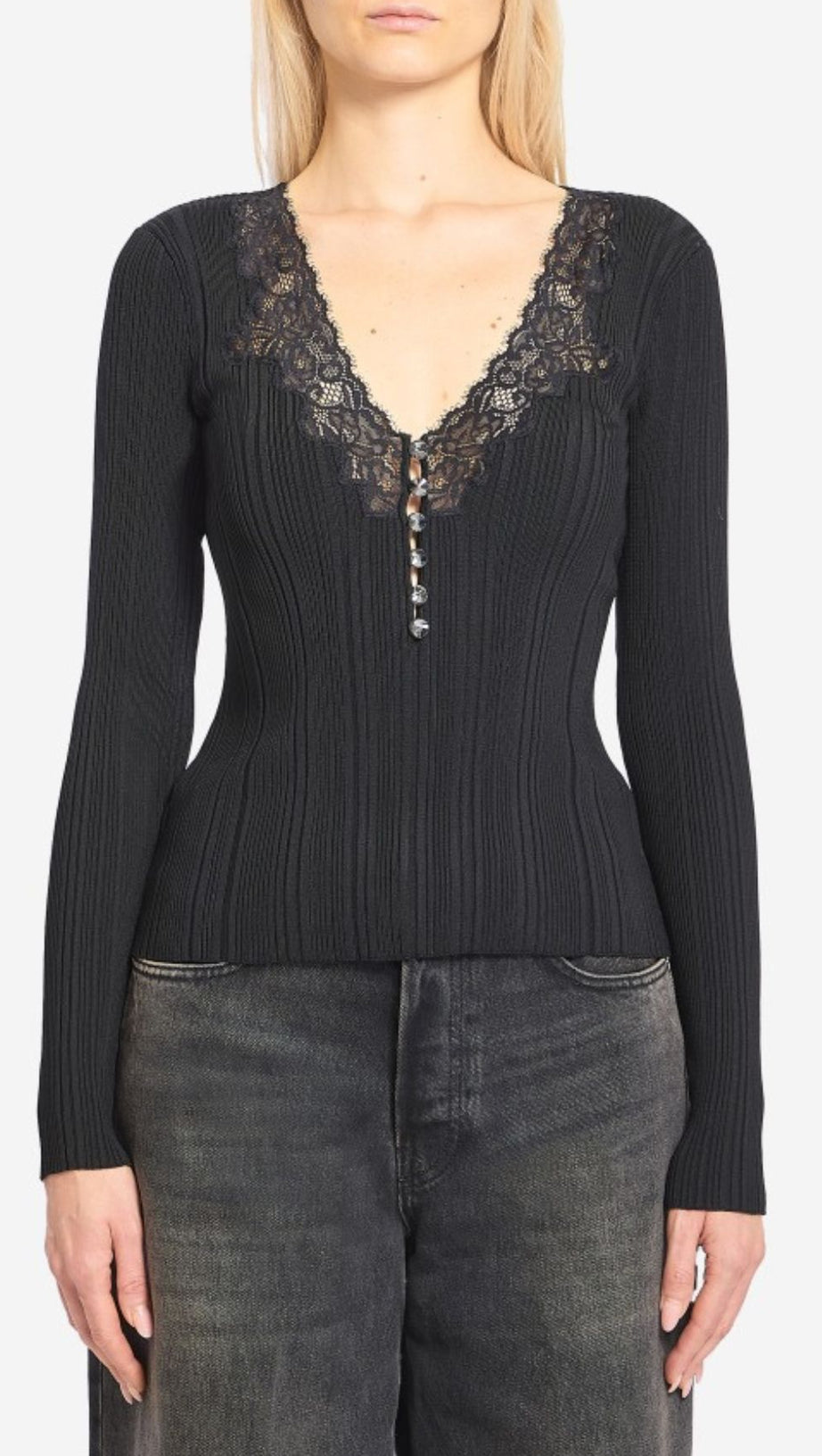 HULDA BLACK V-NECK LACE RIBBED KNIT TOP | CHIC WOMEN'S SWEATER