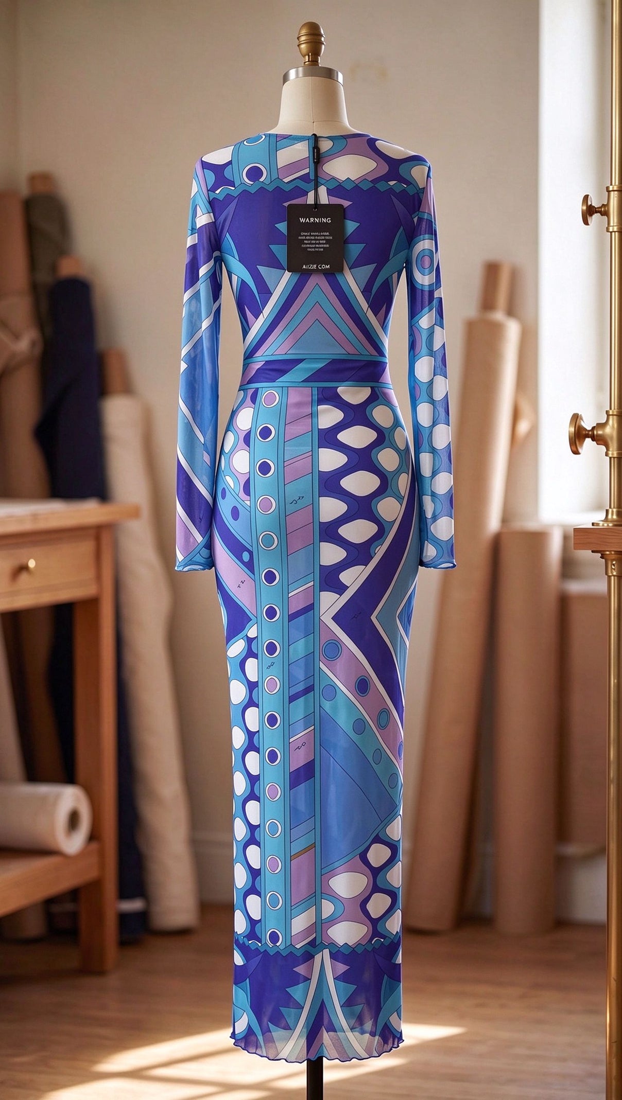 Blue Purple Geometric Abstract Column Maxi Dress in Stretch Mesh