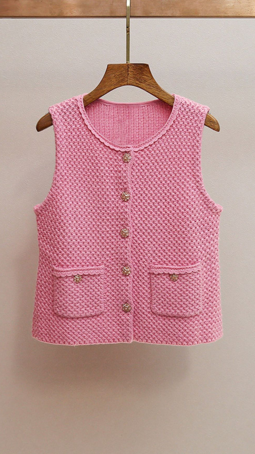 CHIC PINK KNIT VEST FOR WOMEN | ELEGANT SCALLOPED NECKLINE & GOLD BUTTON DETAILS
