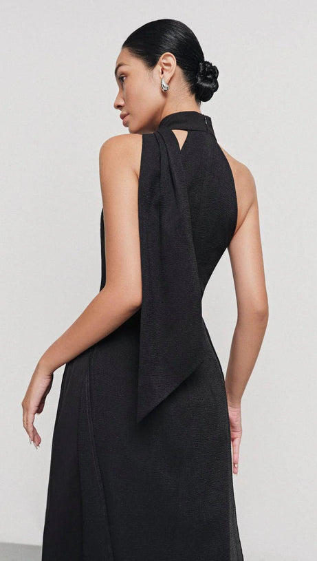 YEN LAYERED HIGH NECK FLOSS SILK MAXI DRESS IN BLACK