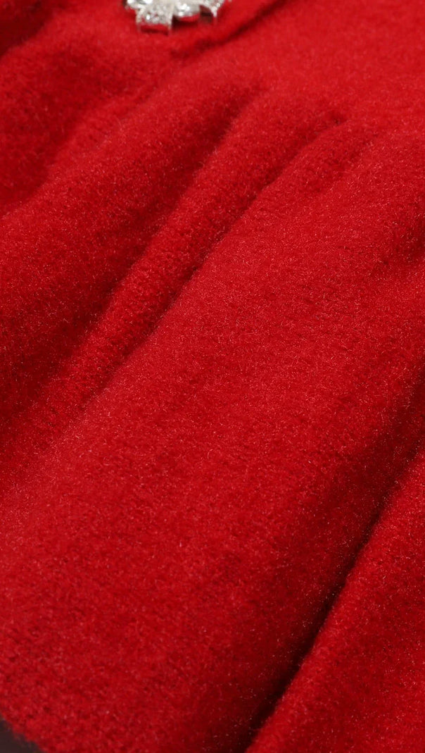 AIIZIE Vibrant Red Knit Mini Dress | Ruffle Lace, Sparkle Buttons & Belted Chic - product image