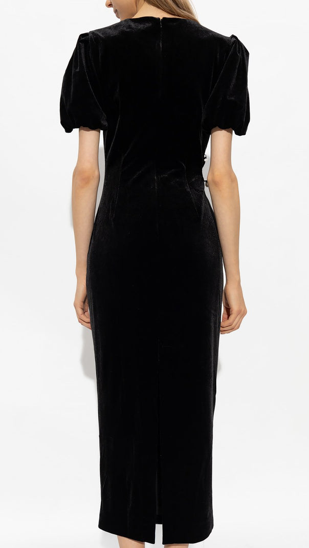 AIIZIE PLEATED VELVET CUT-OUT MIDI DRESS IN BLACK - product image