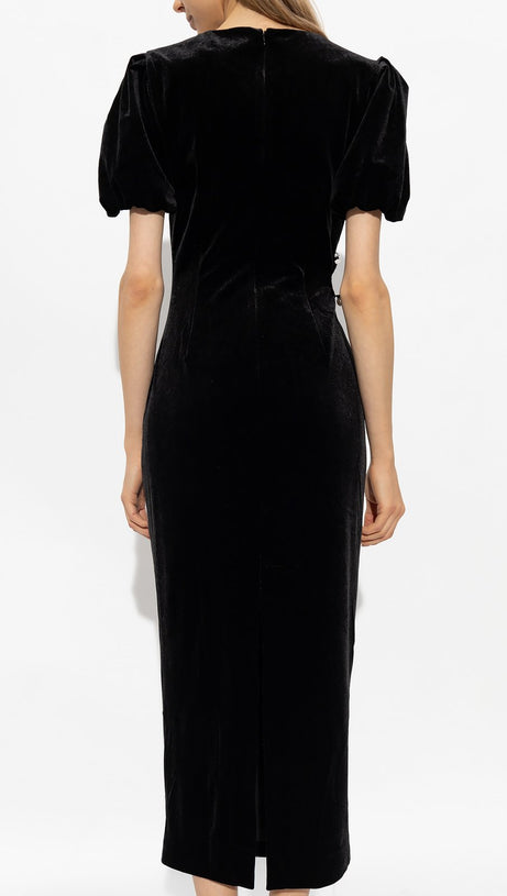 PLEATED VELVET CUT-OUT MIDI DRESS IN BLACK
