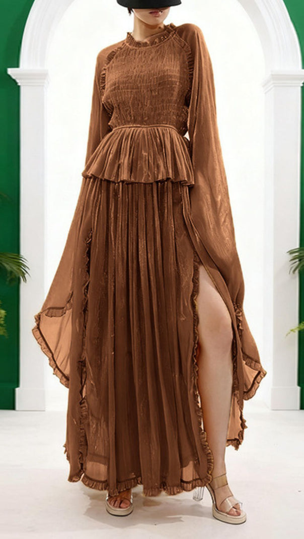 AIIZIE HOLLE GOLDEN PLEATED MAXI DRESS FOR WOMEN - ELEGANT LONG SLEEVE OCCASION GOWN - product image