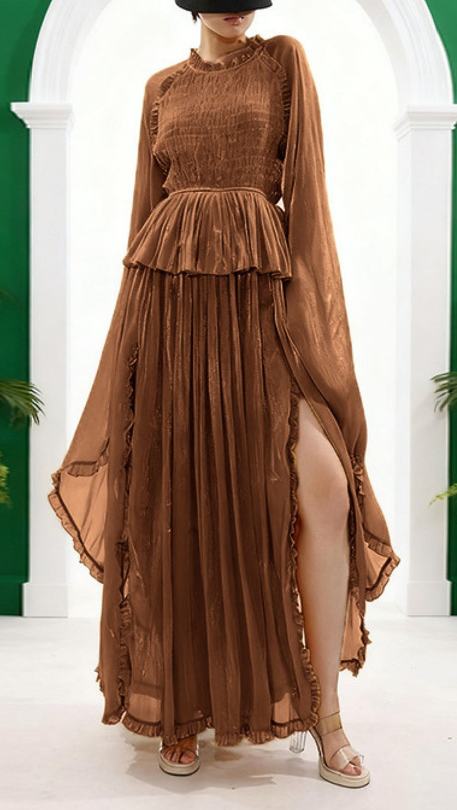 HOLLE GOLDEN PLEATED MAXI DRESS FOR WOMEN - ELEGANT LONG SLEEVE OCCASION GOWN