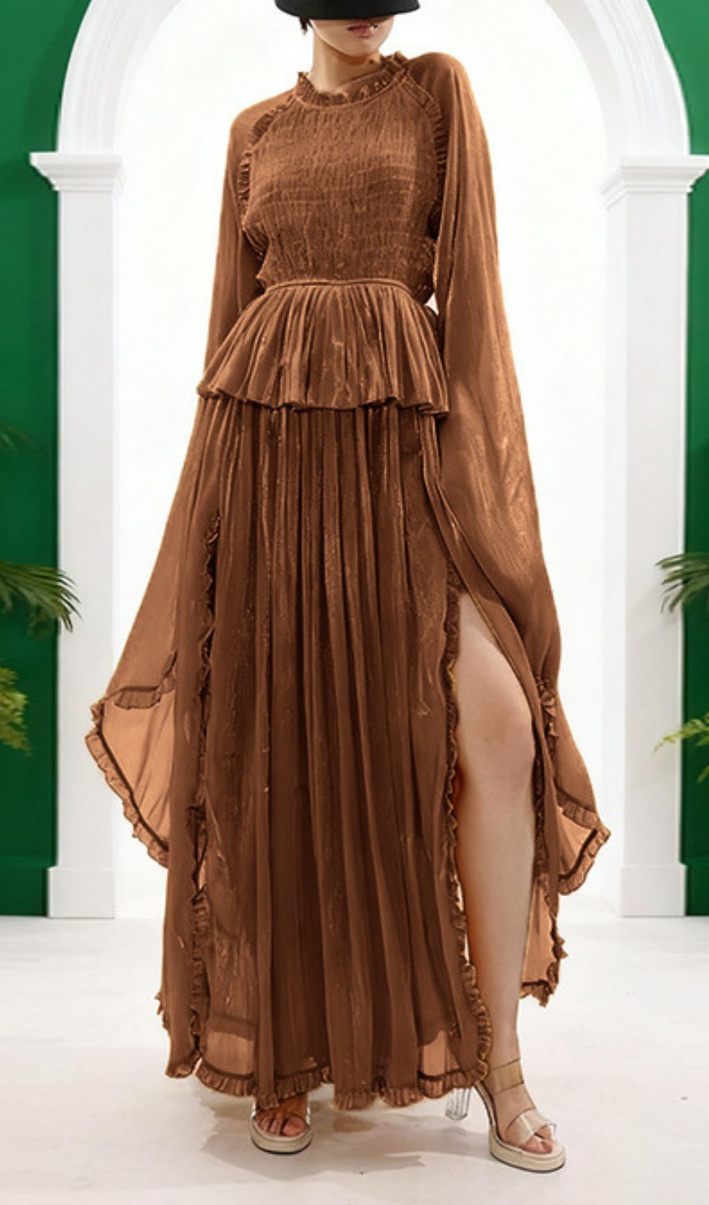 HOLLE GOLDEN PLEATED MAXI DRESS FOR WOMEN - ELEGANT LONG SLEEVE OCCASION GOWN