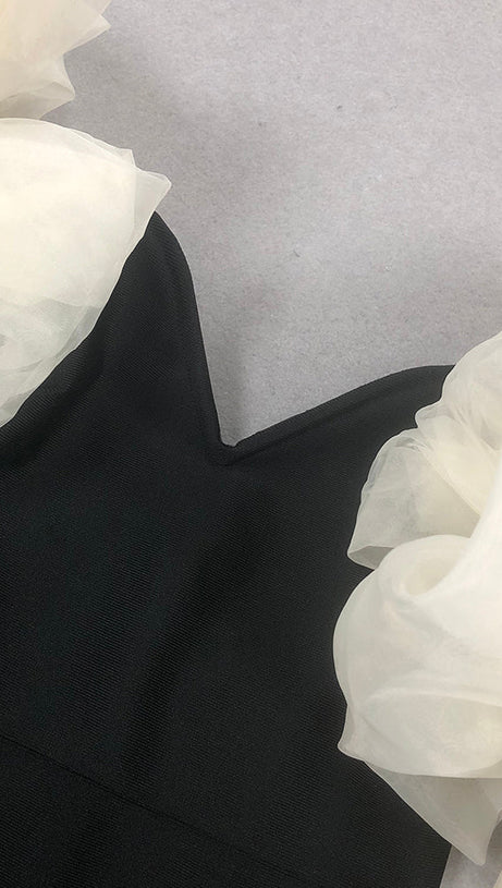 BOWKNOT FLORAL-SHAPE EMBELLISHED MAXI DRESS IN BLACK