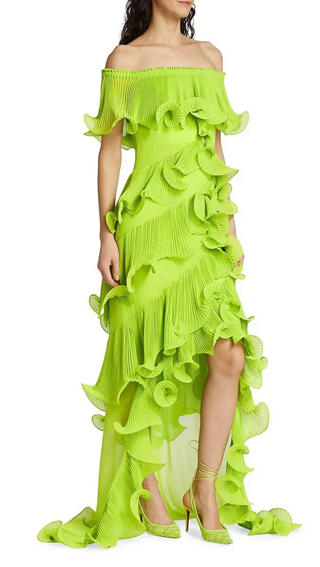 DORA GREEN OFF-SHOULDER PLEATED ORGANZA MAXI DRESS