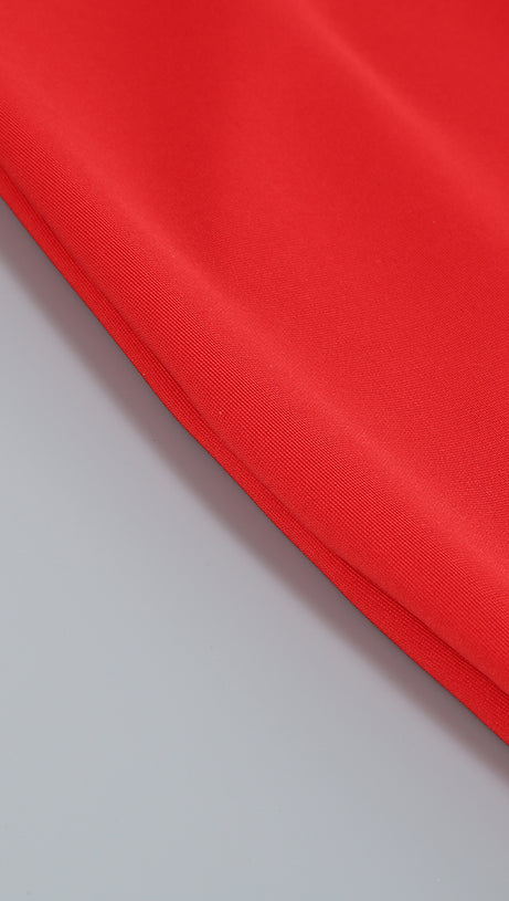 OFF-SHOULDER FEATHER PANEL RED DRESS