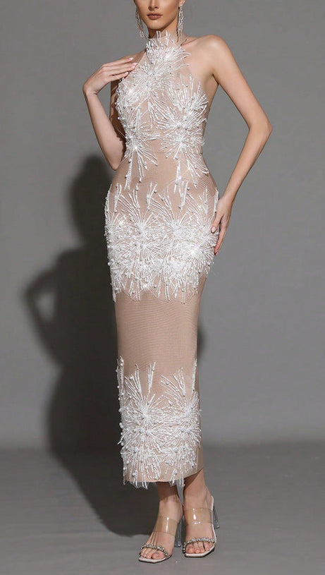 pandora Sleeveless Beaded Tassel Sequin Bandage maxi Dress - Khaki