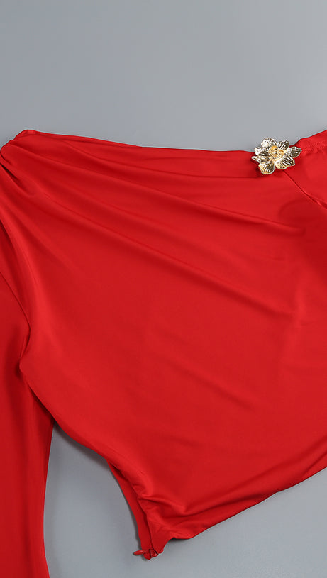 SLANT COLLAR HIGH WAIST SLIM LONG SKIRT RED SUIT