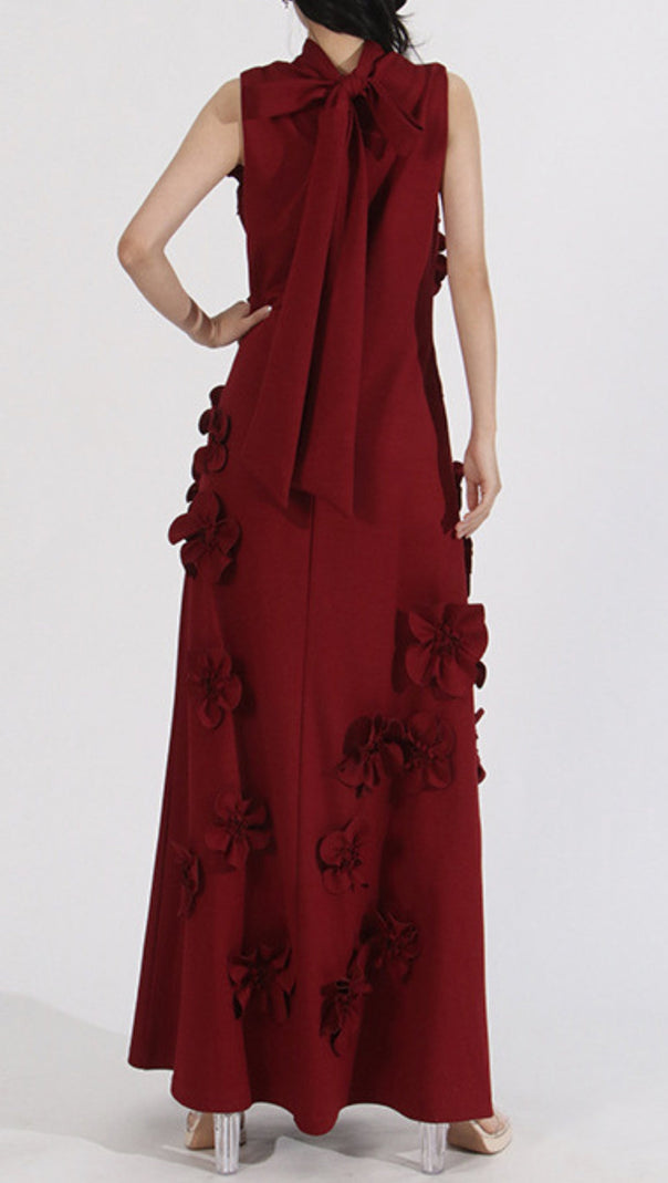 Annona Red Flower Embellished Maxi Dress