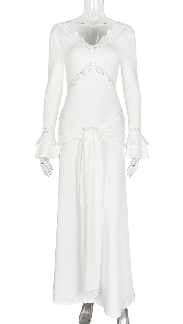 AIIZIE AKEELAH GRACEFUL LACE-TRIMMED FLARE SLEEVE MAXI DRESS | TIE-WAIST ELEGANCE - product image