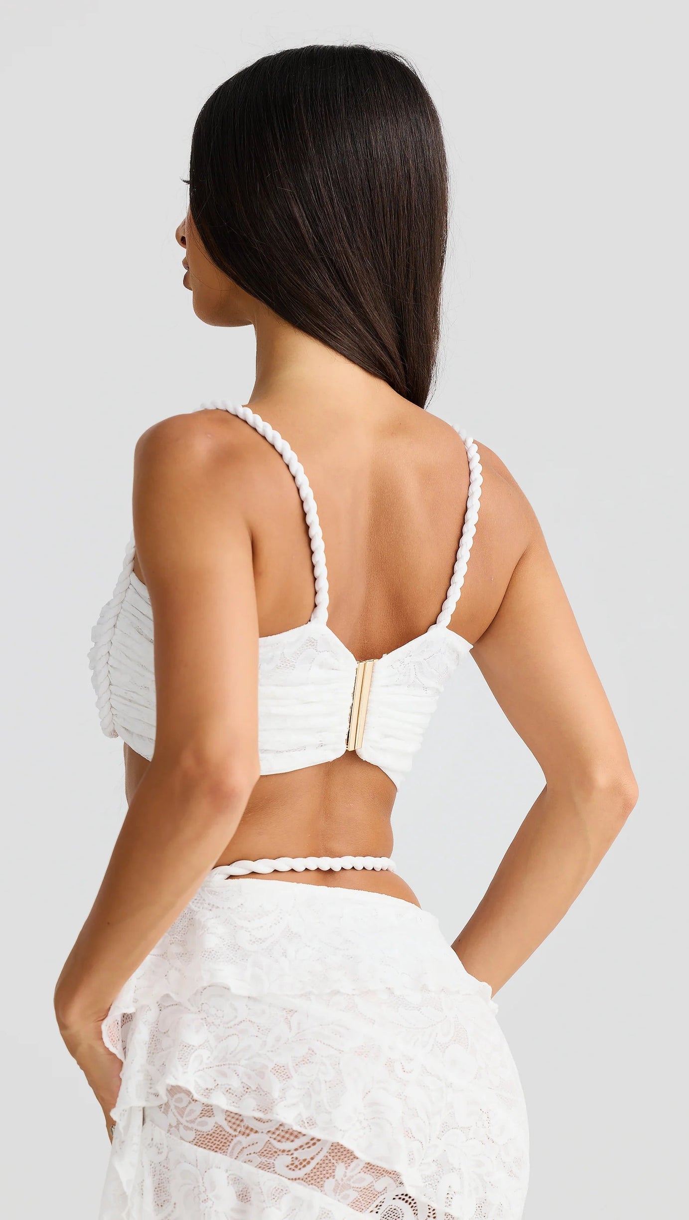 CRAFTED ROPE CROP TOP  LACE SKIRT SET IN WHITE