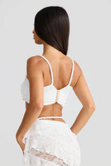 crafted rope crop top  lace skirt set in white