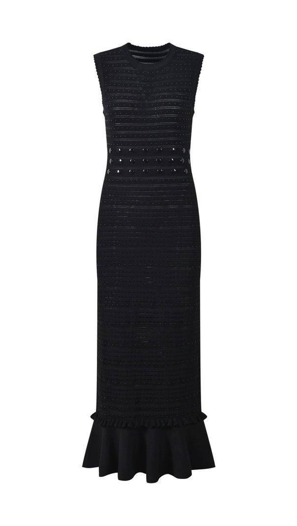 AIIZIE Chic Studded Knit Midi Dress | Black Sleeveless Flounce Hem - product image