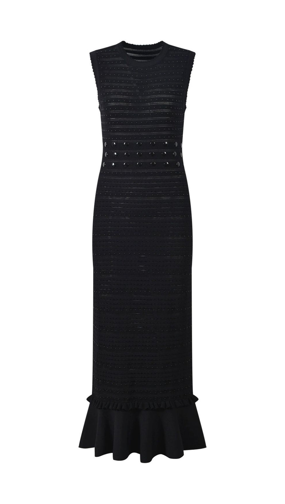 Chic Studded Knit Midi Dress | Black Sleeveless Flounce Hem