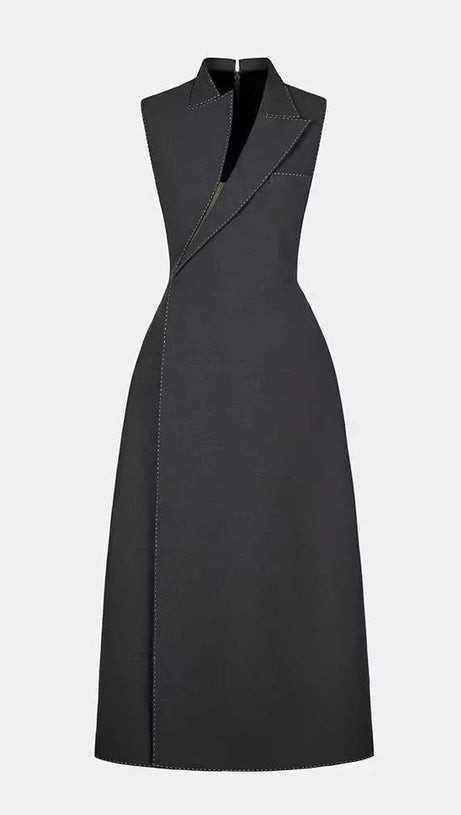 ASYMMETRIC COLLAR BLAZER MIDI DRESS IN GREY